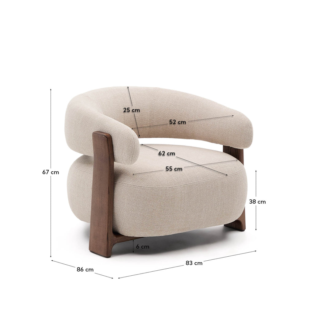 Granite fire-retardant armchair in beige chenille and solid ash wood with walnut-coloured finish FSC 100%