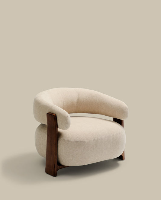Granite beige chenille armchair with solid ash wood legs in a walnut finish FSC 100%