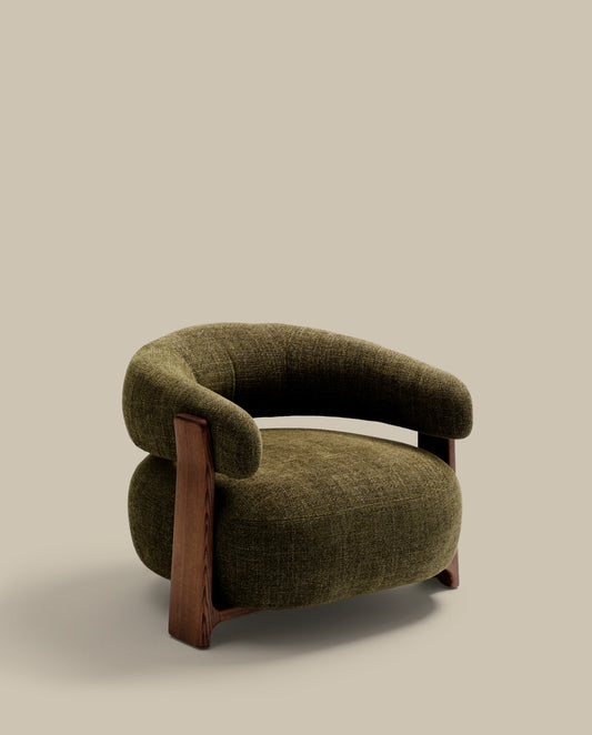 Granite fire-retardant armchair in green chenille and solid ash wood with walnut-coloured finish FSC 100%