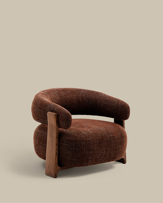 Granite brown chenille armchair with solid ash wood legs in a walnut finish FSC 100%