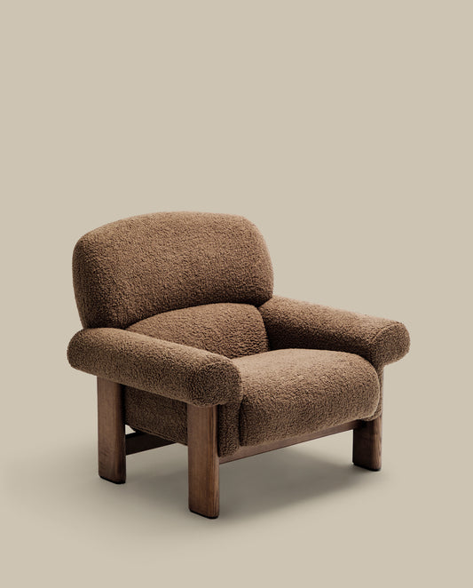 Nema armchair in taupe bouclé with solid ash wood legs in a walnut finish FSC 100%