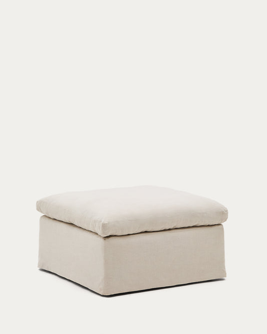 Zenira beige cotton and linen footrest with removable cover and cushion 90 x 90cm