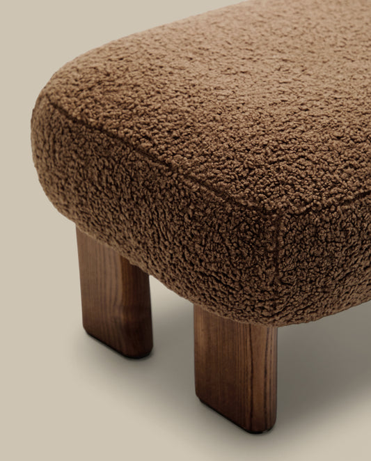 Nema taupe bouclé footstool with solid ash wood legs walnut finish 65x55.4cm FSC 100%