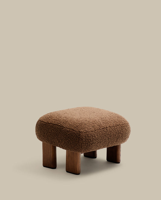 Nema taupe bouclé footstool with solid ash wood legs walnut finish 65x55.4cm FSC 100%