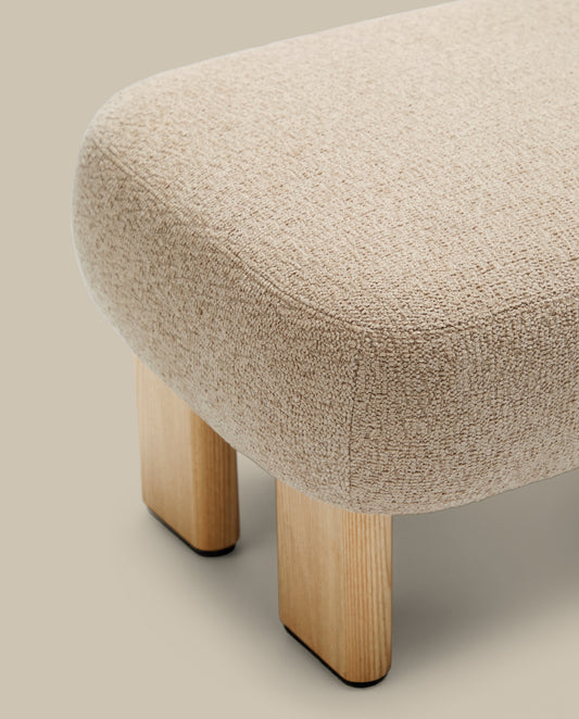 Nema beige chenille footstool with solid ash wood legs natural finish 65x55.4 cm FSC 100%