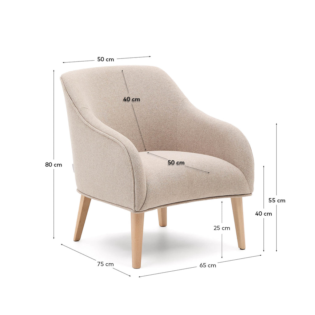 Bobly armchair in beige and with solid beech wood in a natural finish