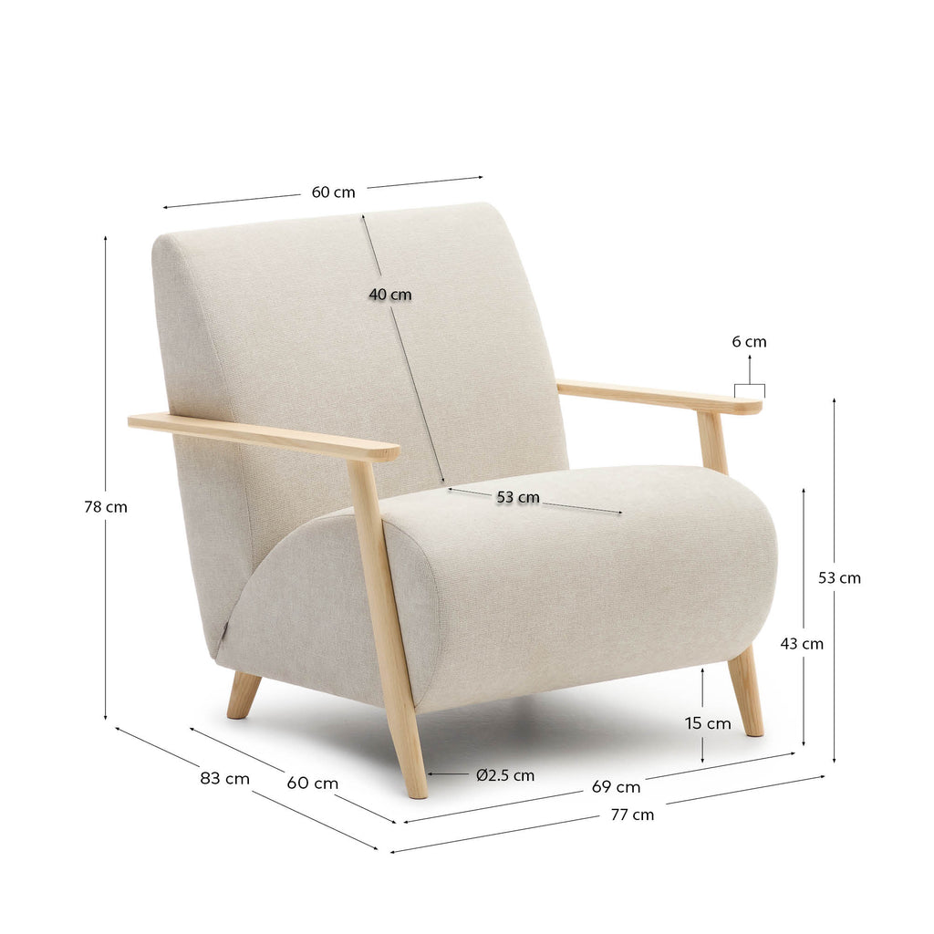 Meghan armchair in pearl chenille and with solid beech wood in a natural finish FSC Mix Credit