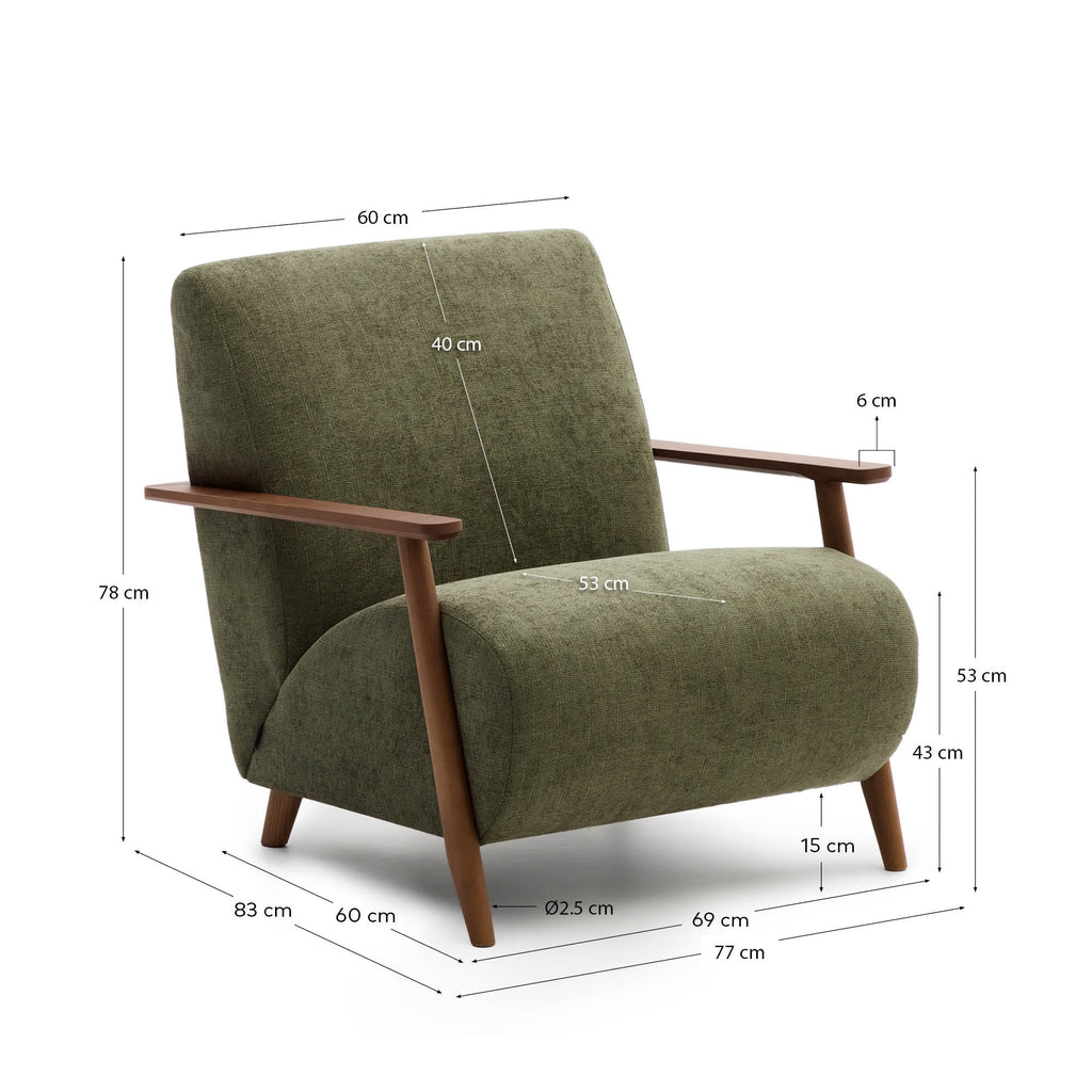 Meghan armchair in green chenille and solid ash wood with walnut finish FSC Mix Credit