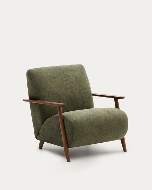 Meghan armchair in green chenille and solid ash wood with walnut finish FSC Mix Credit