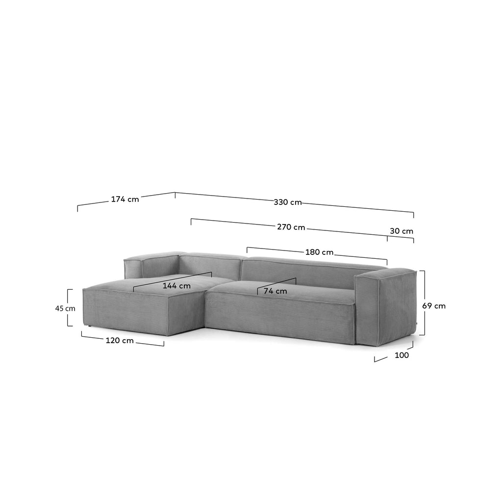 Blok 4-seater left chaise longue sofa in grey thick corduroy 330cm FSC Mix Credit