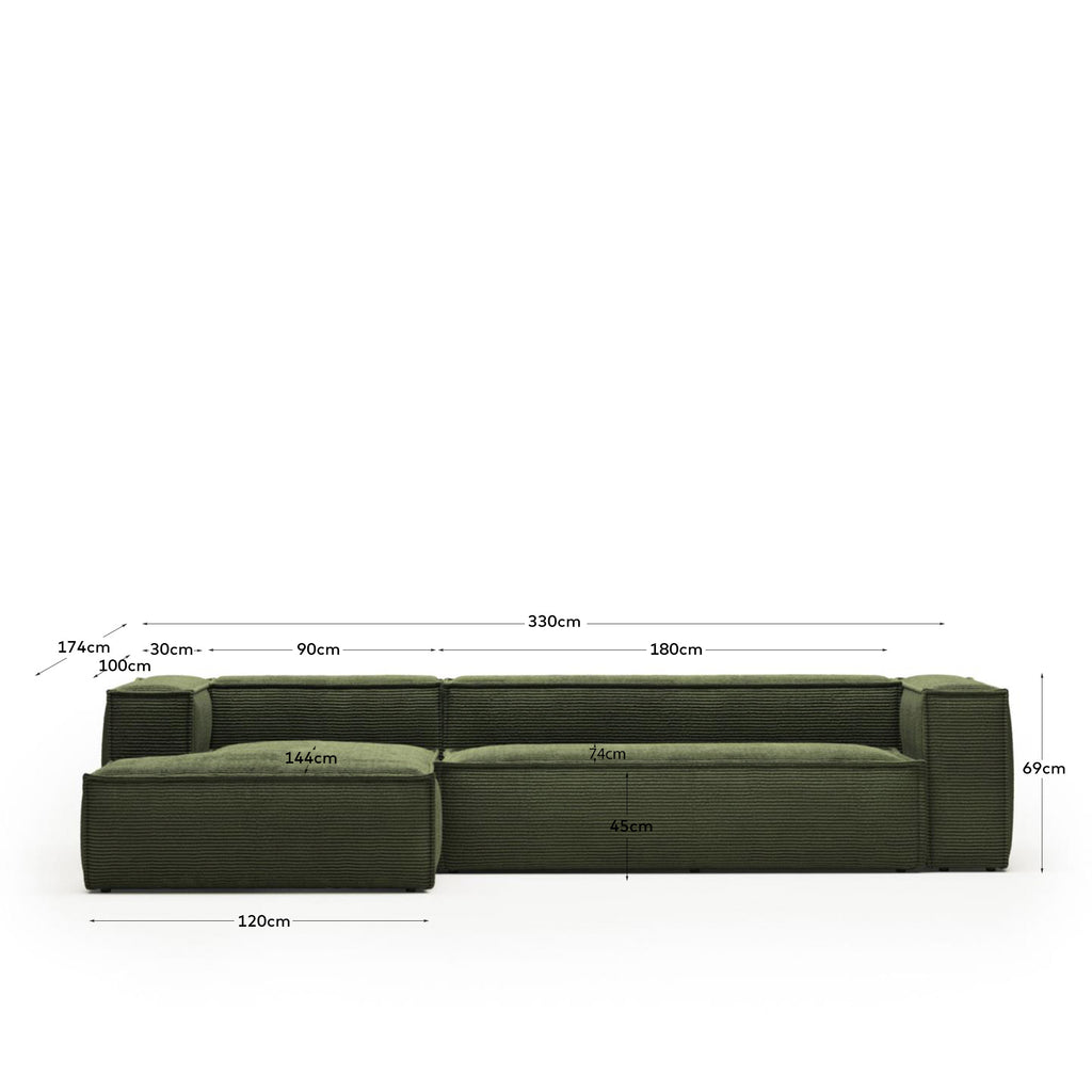 Blok 4-seater left chaise longue sofa in green thick corduroy 330cm FSC Mix Credit