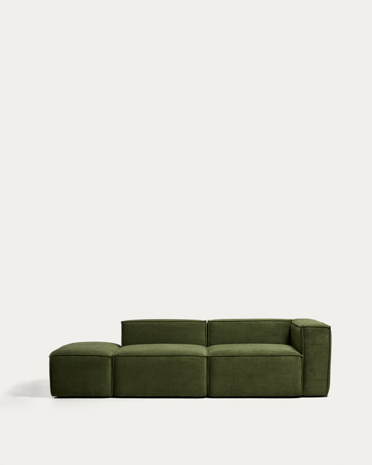 Blok 3-seater sofa with right armrest and end pouffe in thick green corduroy 270cm FSC Mix Credit
