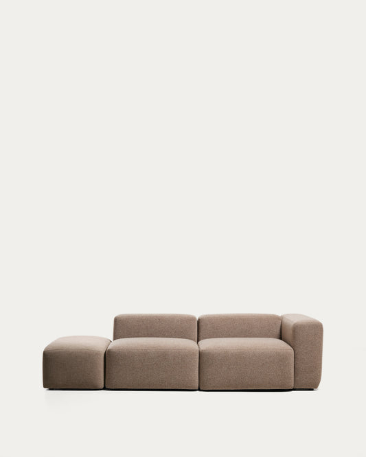 Blok 3-seater sofa with right armrest and end pouffe in brown chenille 270cm FSC Mix Credit