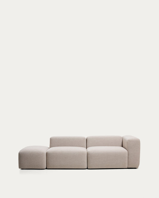 Blok 3-seater sofa with right armrest and end pouffe in beige chenille 270cm FSC Mix Credit