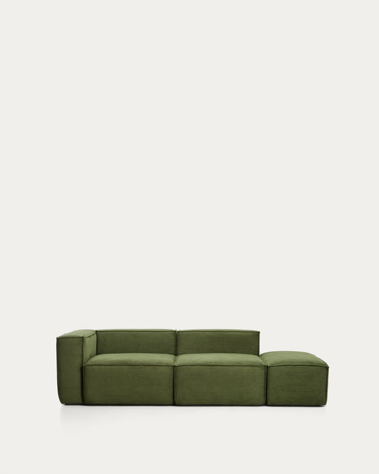 Blok 3-seater sofa with left armrest and end pouffe in thick green corduroy 270cm FSC Mix Credit