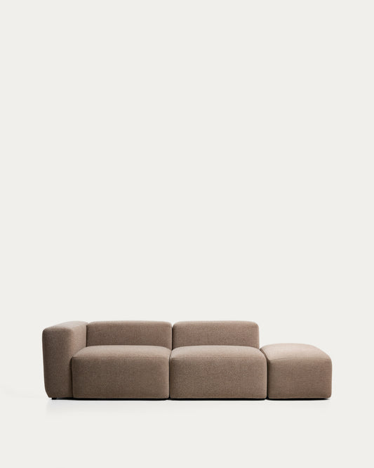 Blok 3-seater sofa with left armrest and end pouffe in brown chenille 270cm FSC Mix Credit