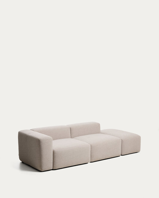 Blok 3-seater sofa with left armrest and end pouffe in beige chenille 270cm FSC Mix Credit
