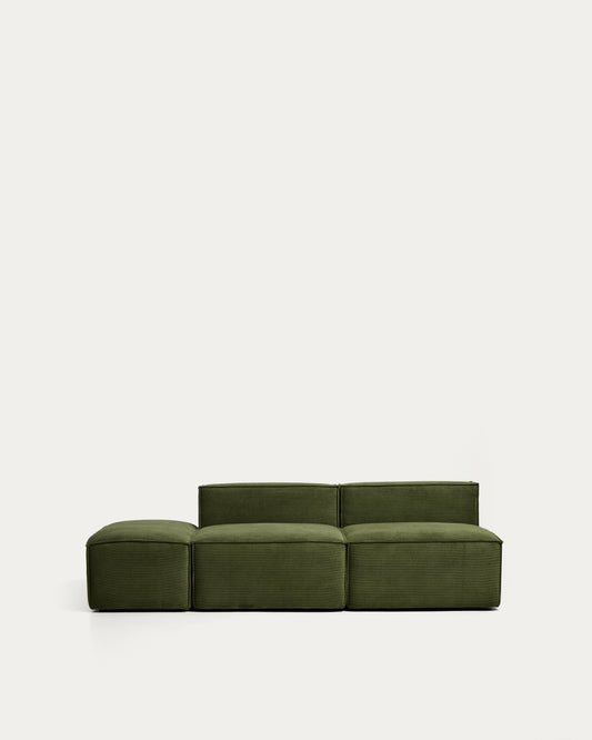 Blok 3-seater sofa with end pouffe in thick green corduroy 240cm FSC Mix Credit