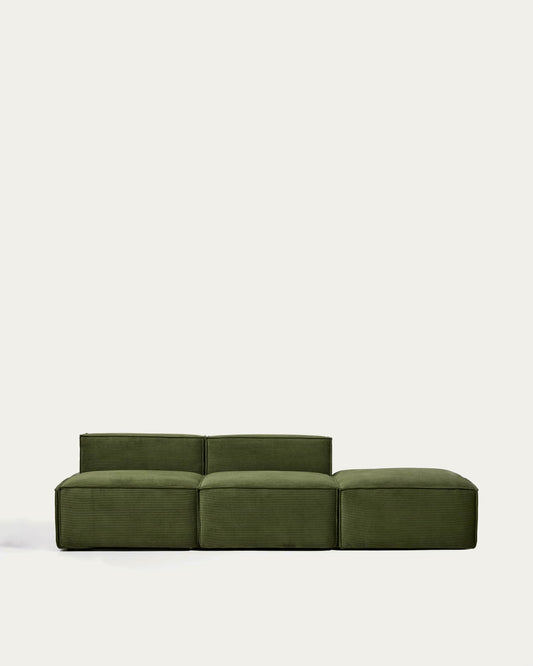 Blok 3-seater sofa with end pouffe in thick green corduroy 270cm FSC Mix Credit