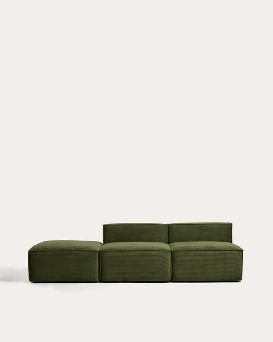 Blok 3-seater sofa with end pouffe in thick green corduroy 270cm FSC Mix Credit