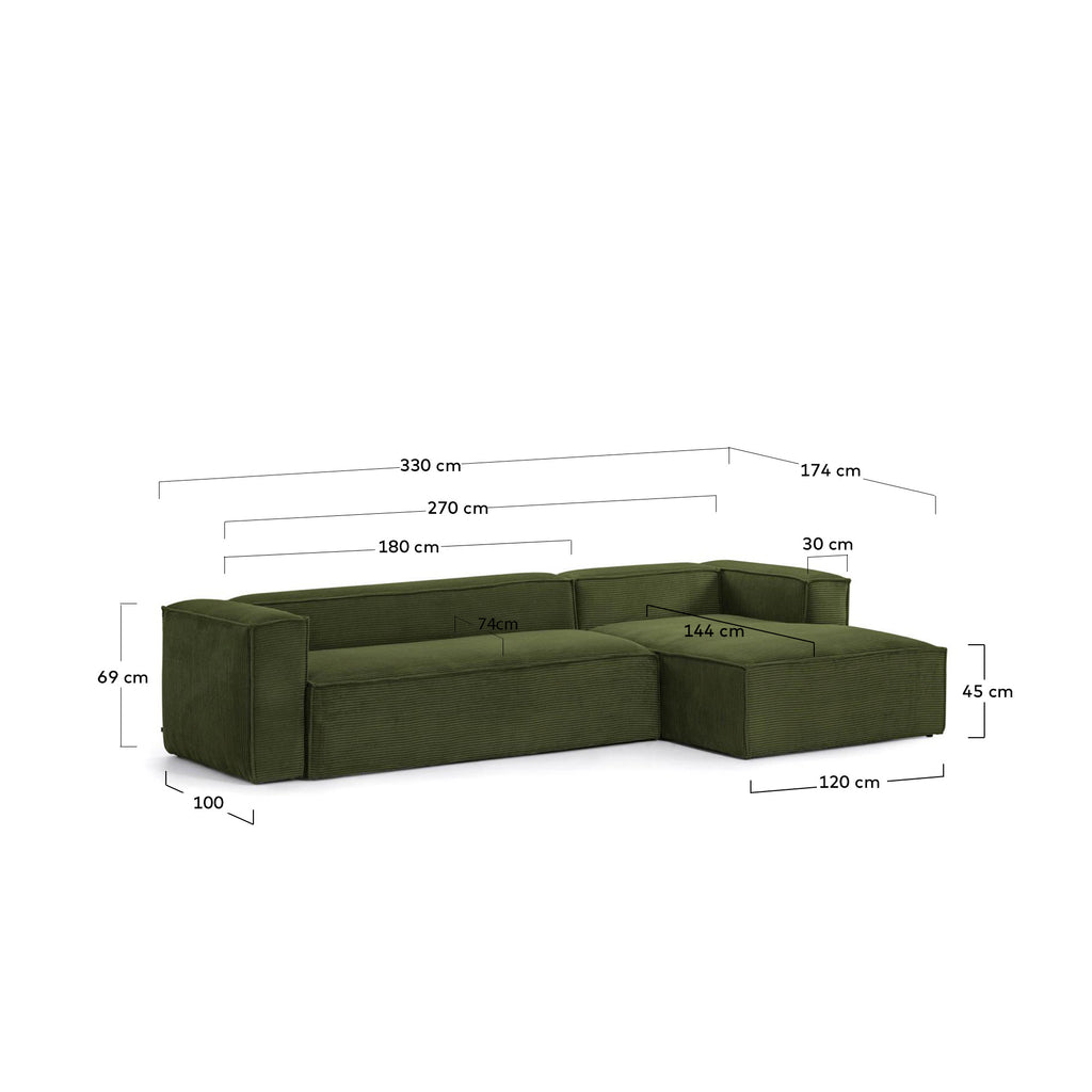 Blok 4-seater right chaise longue sofa in green thick corduroy 330cm FSC Mix Credit