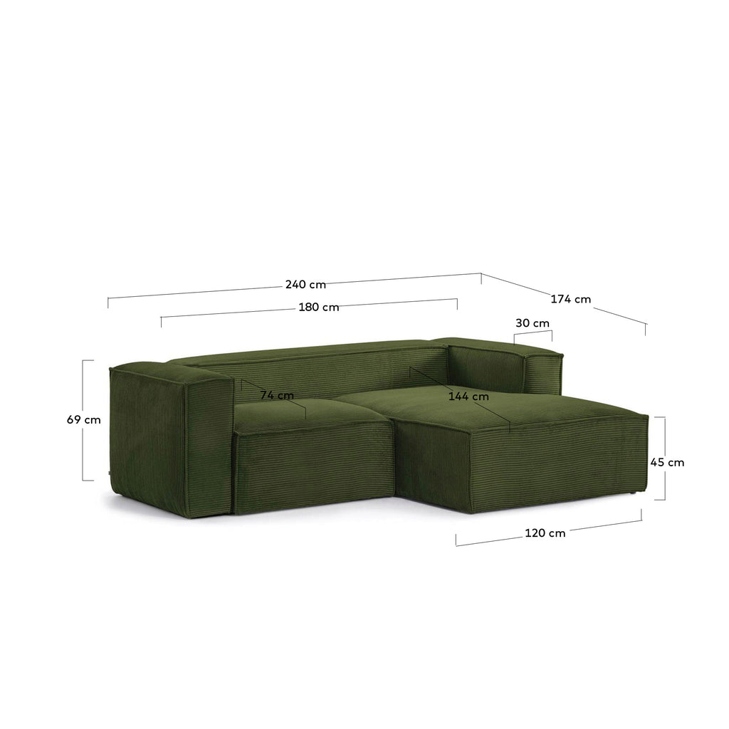 Blok 2-seater right chaise longue sofa in green thick corduroy 240cm FSC Mix Credit