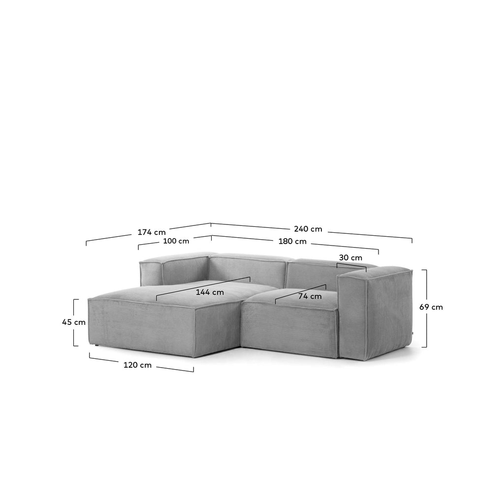 Blok 2-seater left chaise longue sofa in grey thick corduroy 240cm FSC Mix Credit