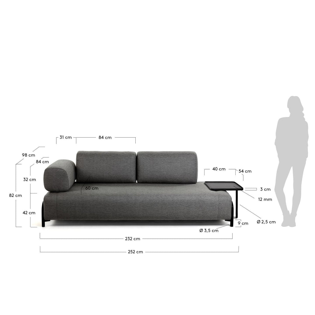 Compo 3 seater sofa with large tray in dark grey, 252 cm