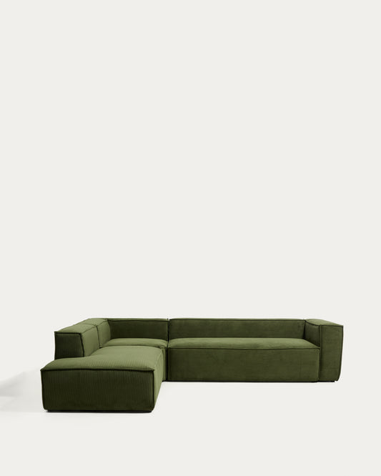 Blok 5-seater corner sofa with left terminal in green thick corduroy 255 x 320cm FSC Mix Credit