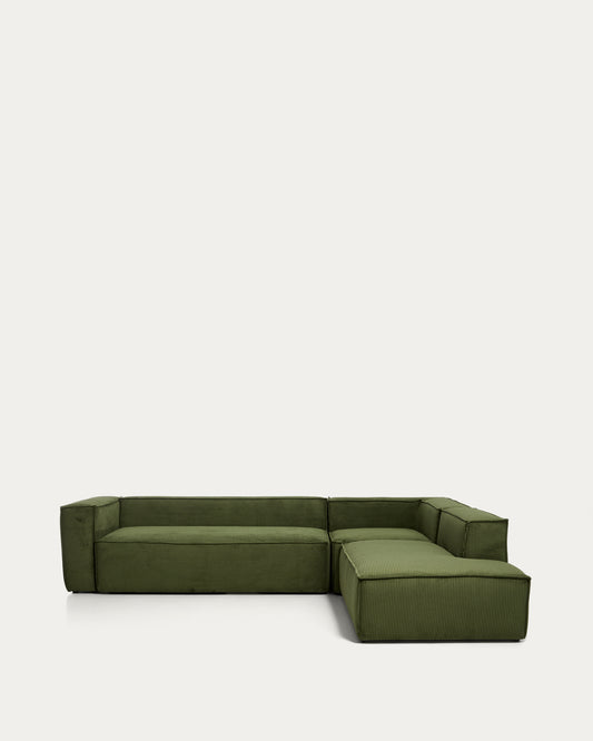 Blok 5-seater corner sofa with right terminal in green thick corduroy 320 x 255cm FSC Mix Credit