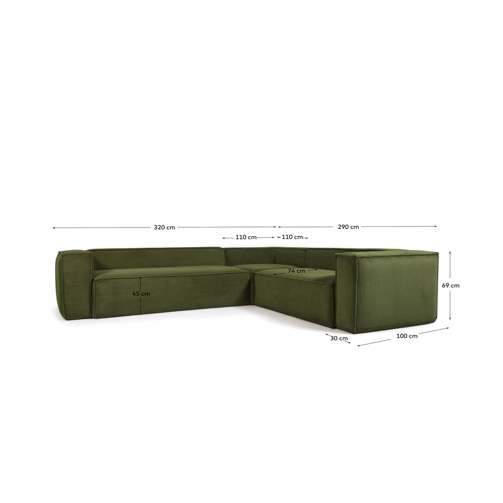 Blok green thick corduroy 5-seater corner sofa 320 x 290cm/290 x 320cm FSC Mix Credit