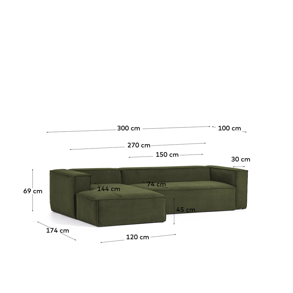 Blok 3-seater left chaise longue sofa in green thick corduroy 300cm FSC Mix Credit