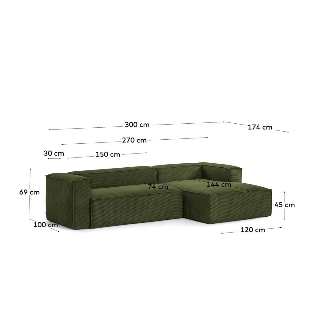 Blok 3-seater right chaise longue sofa in green thick corduroy 300cm FSC Mix Credit