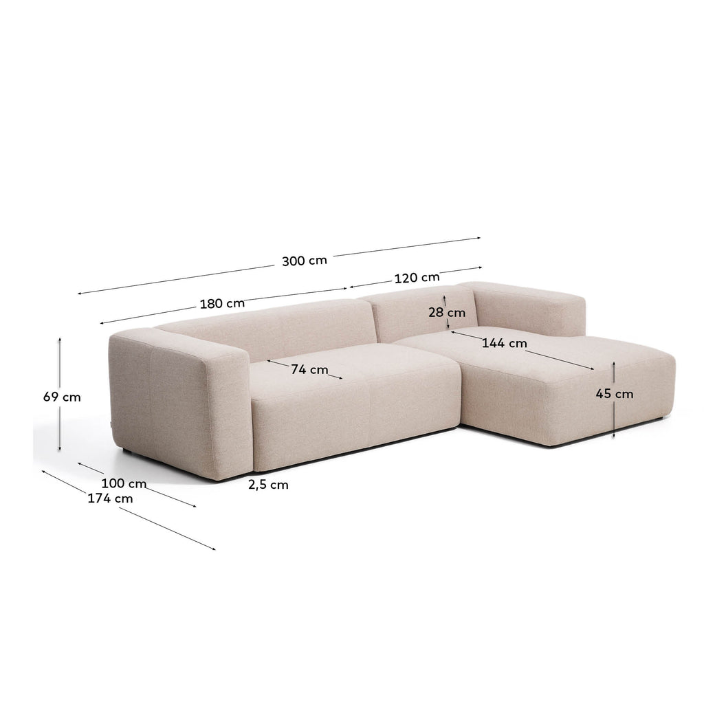 Blok 3-seater sofa with right chaise longue in brown chenille 300cm FSC Mix Credit
