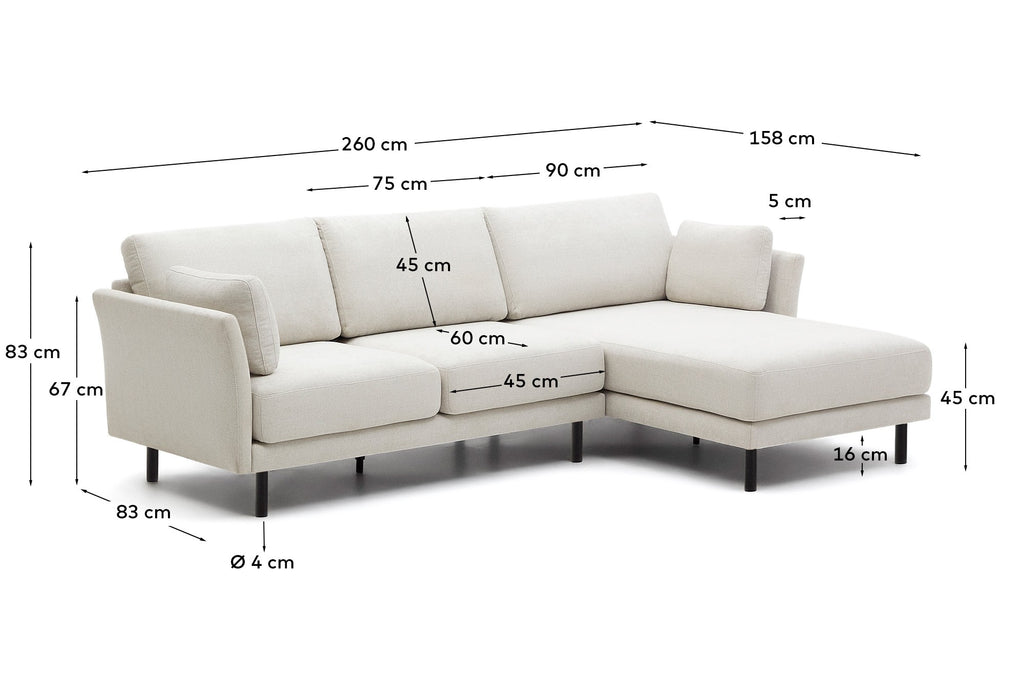 Gilma 3 seater sofa w/ right/left-hand chaise longue, chenille pearl with black legs, 260 cm
