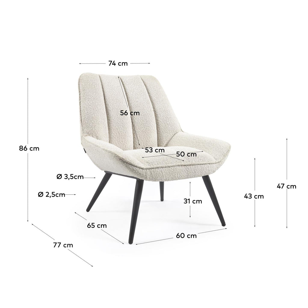 Marlina white bouclé armchair with steel legs with black painted finish