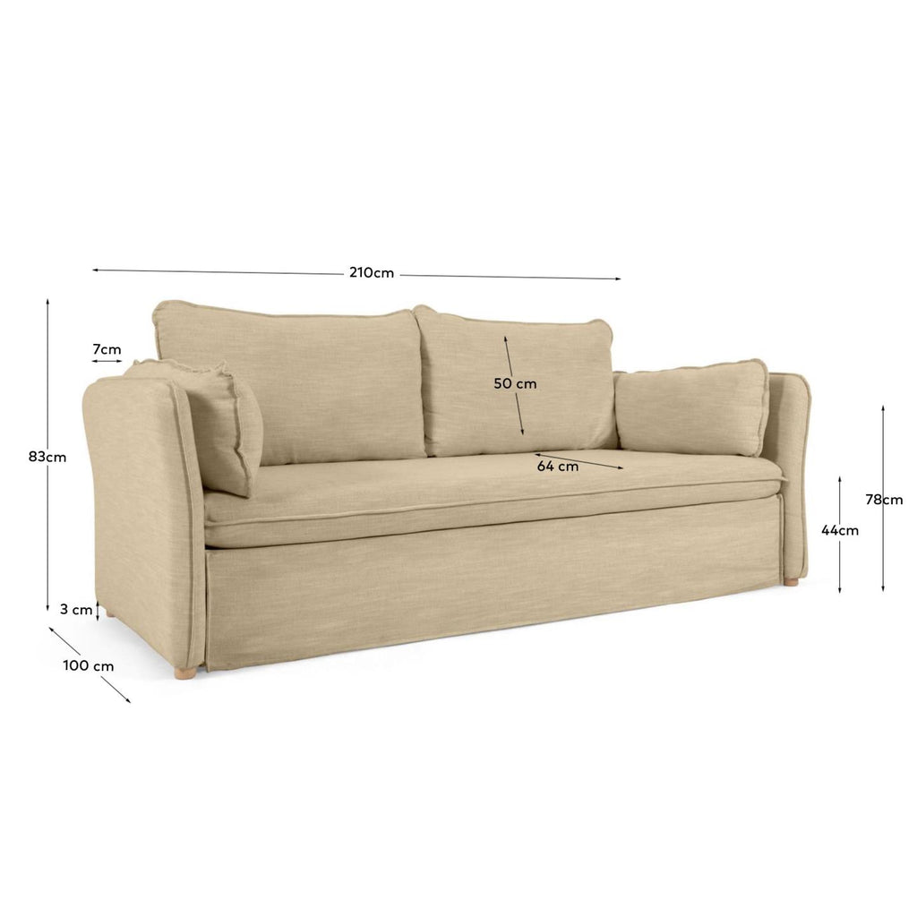 Tanit sofa bed in beige with natural finish solid beech wood legs, 210 cm FSC Mix Credit