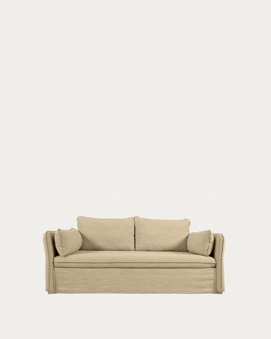 Tanit sofa bed in beige with natural finish solid beech wood legs, 210 cm FSC Mix Credit