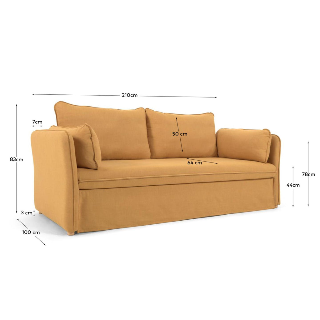 Tanit sofa bed in mustard with natural finish solid beech wood legs, 210 cm FSC Mix Credit