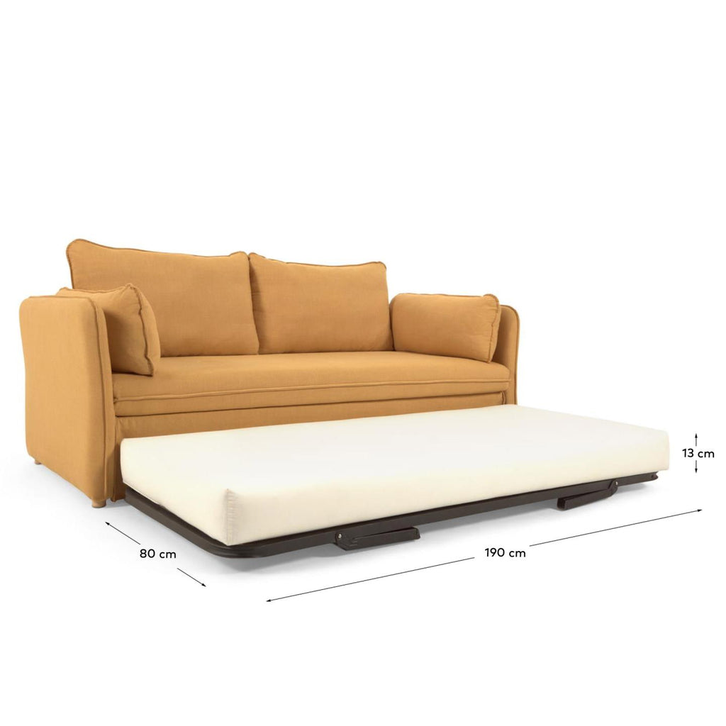 Tanit sofa bed in mustard with natural finish solid beech wood legs, 210 cm FSC Mix Credit