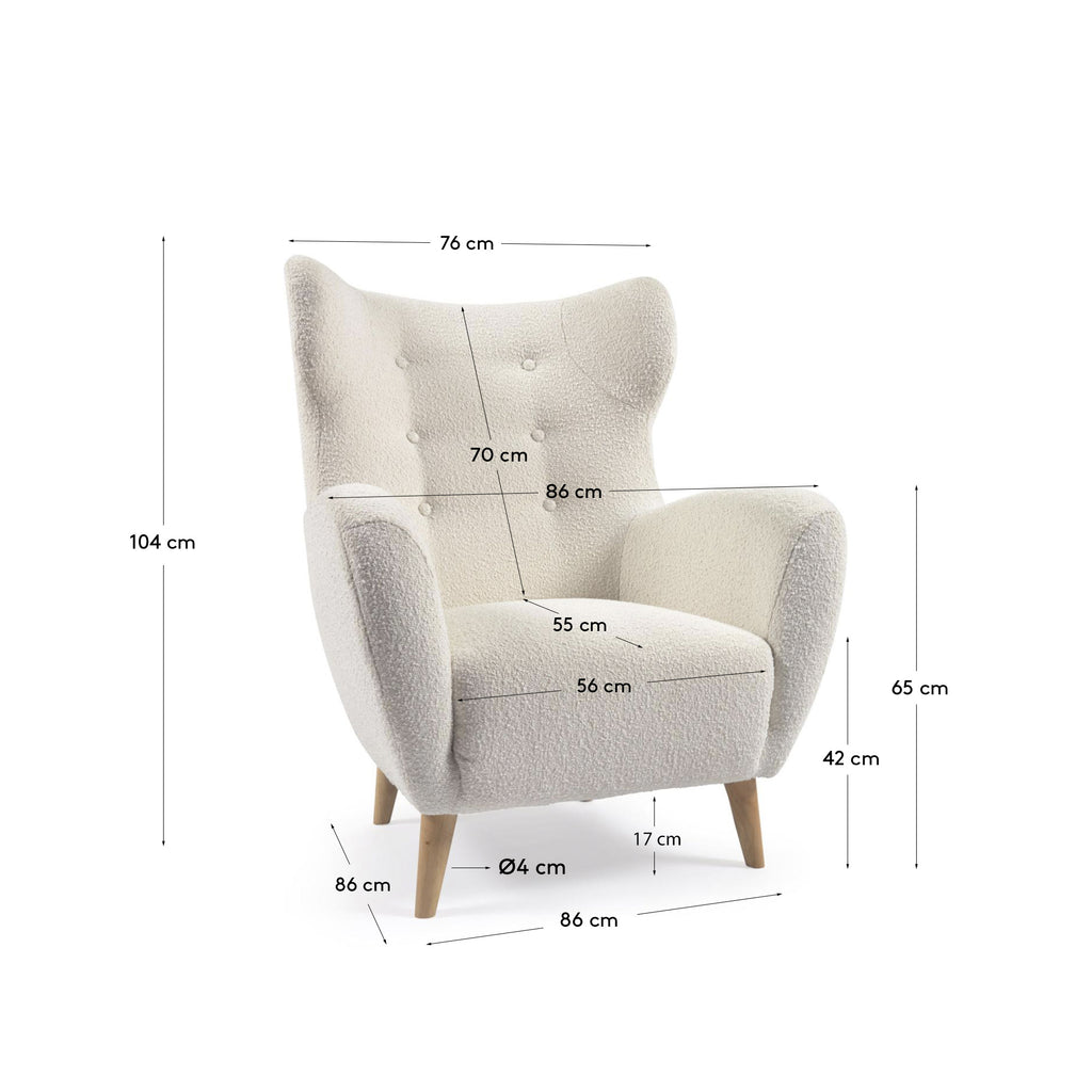 Patio armchair in white bouclé with solid, beech wood legs FSC Mix Credit