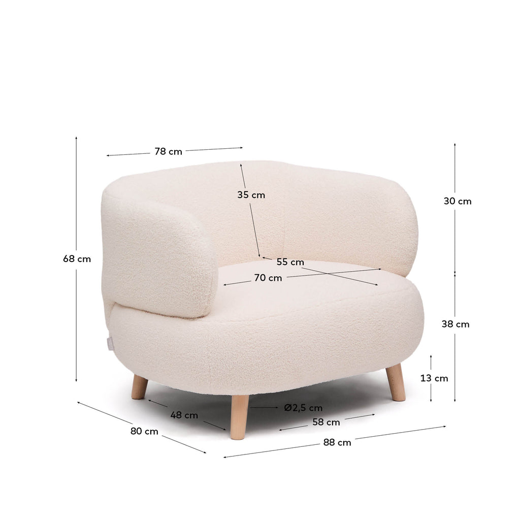 Luisa armchair in ecru boucle with solid beech wood legs 90 cm