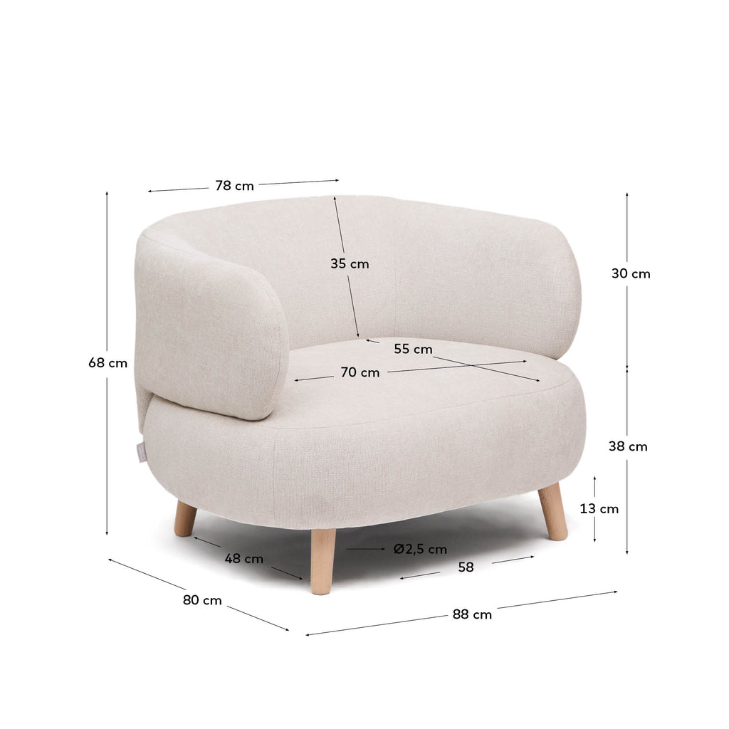 Luisa armchair in chenille pearl with solid beech wood legs 90 cm