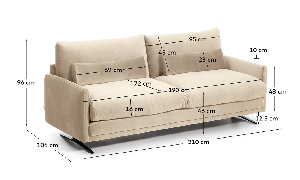 Veliro pearl velvet 3-seater sofa with steel legs in black finish 210cm FSC Mix Credit