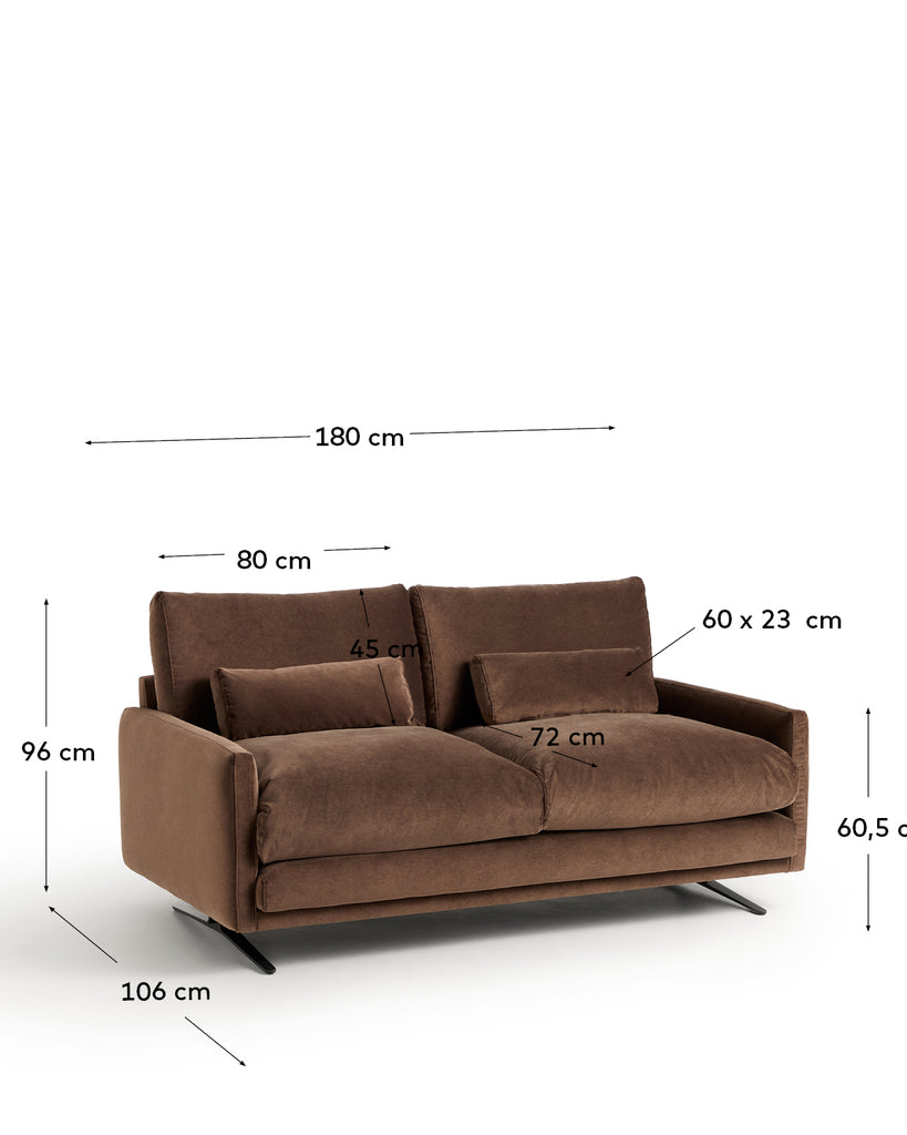 Veliro chocolate brown velvet 2-seater sofa with steel legs in black finish 180cm FSC Mix Credit