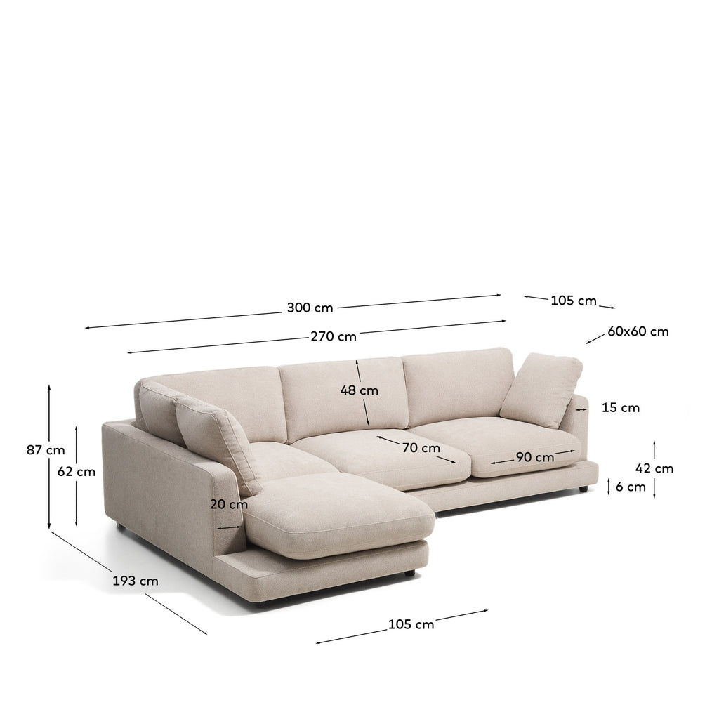 Gala beige 4-seater sofa in micro bouclé with left chaise longue FSC Mix Credit 300cm