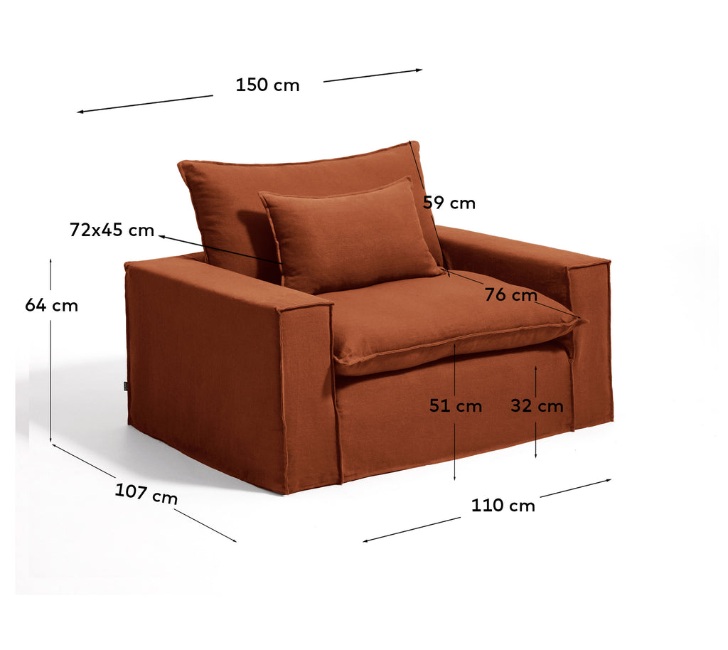 Anarela 100% terracotta linen armchair with removable cover 150cm FSC Mix Credit