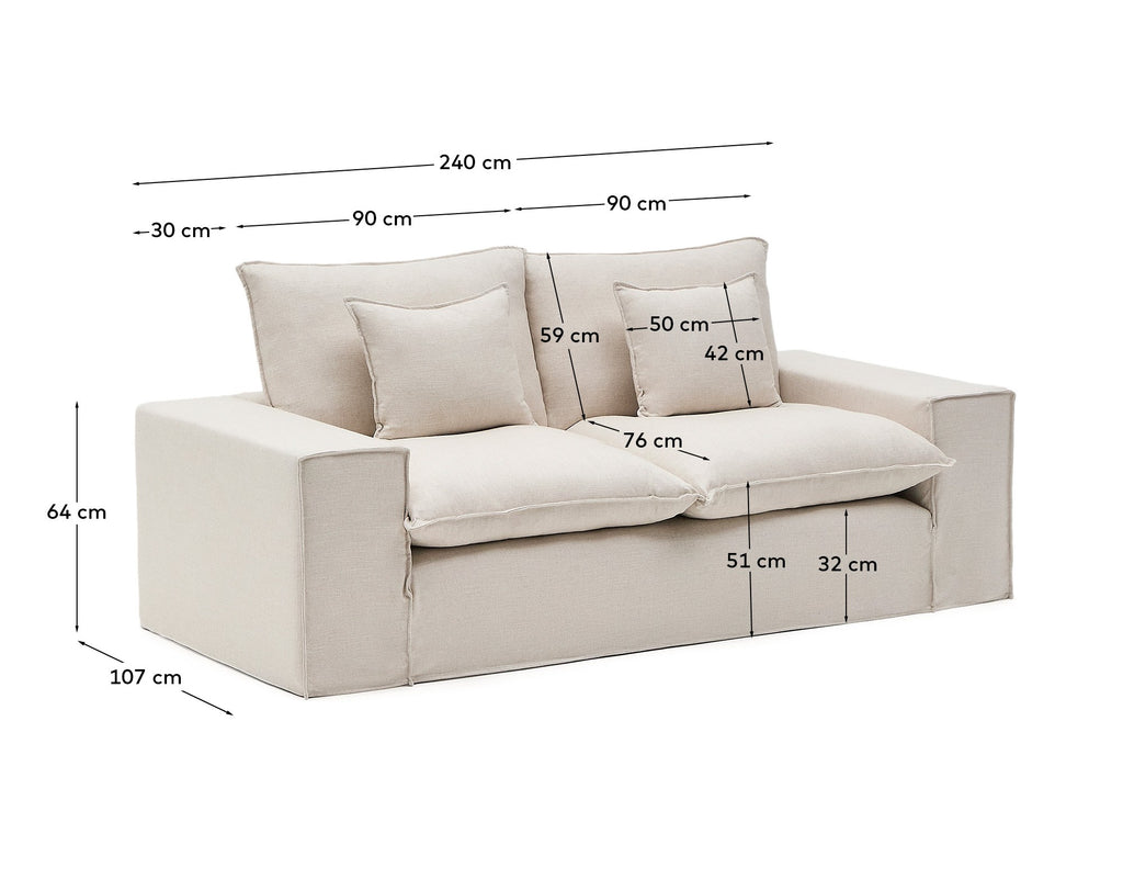 Anarela beige linen 2-seater sofa with removable cover and cushions 240cm