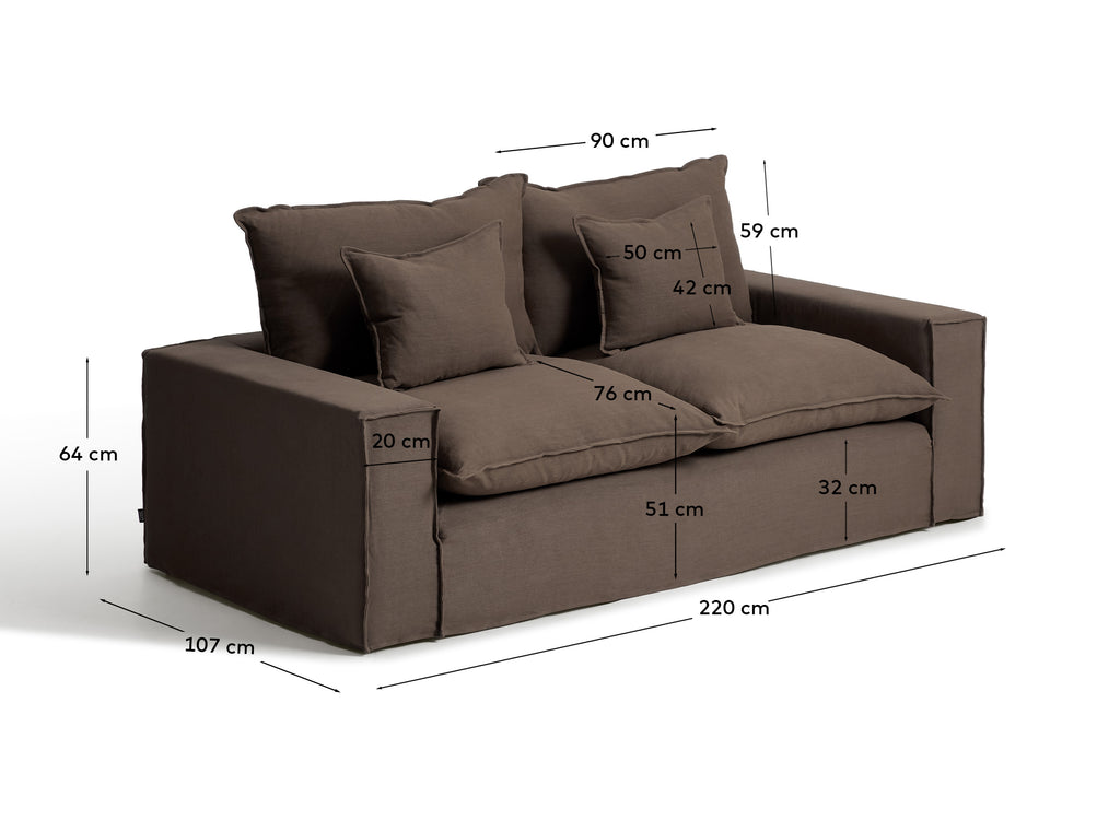 Anarela 100% taupe linen 2-seater sofa with removable cover 220 cm FSC Mix Credit