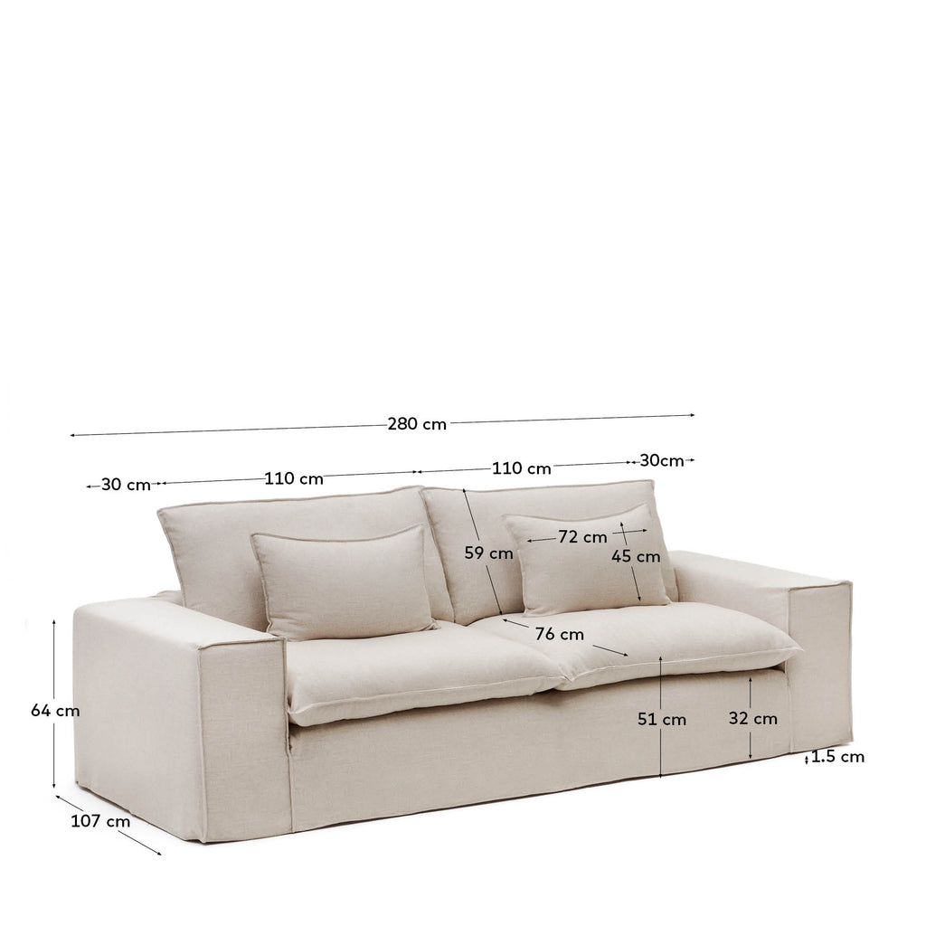 Anarela 3 seater sofa with removable covers and beige linen cushions, 280 cm